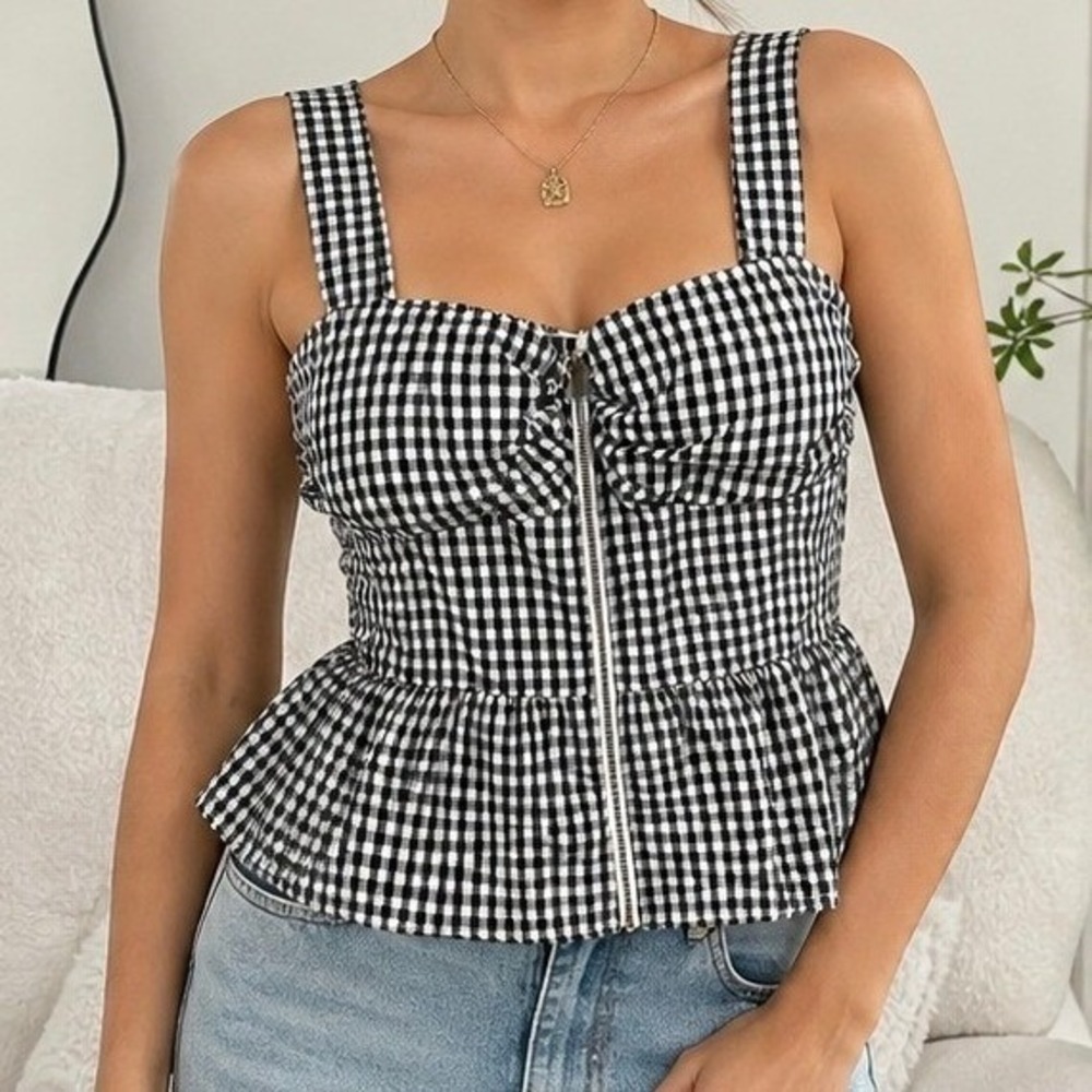Black White Zip Front Peplum Top Smocked Back Sweetheart Neck Tank Sie-S